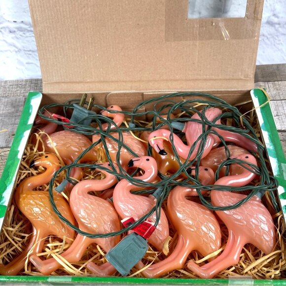 Vintage Flock-O-Flamingos String Light Set 10 Flamingo Lights With Original Box - Picture 3 of 15